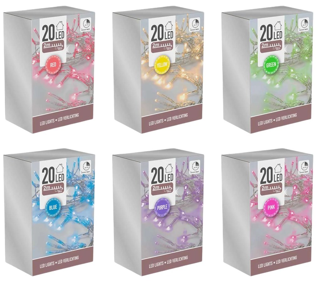 FÉNYFÜZÉR BELTÉRI 20 LED, 6 FÉLE, 2M, 6/18 IDŐZÍTŐ, ELEMES