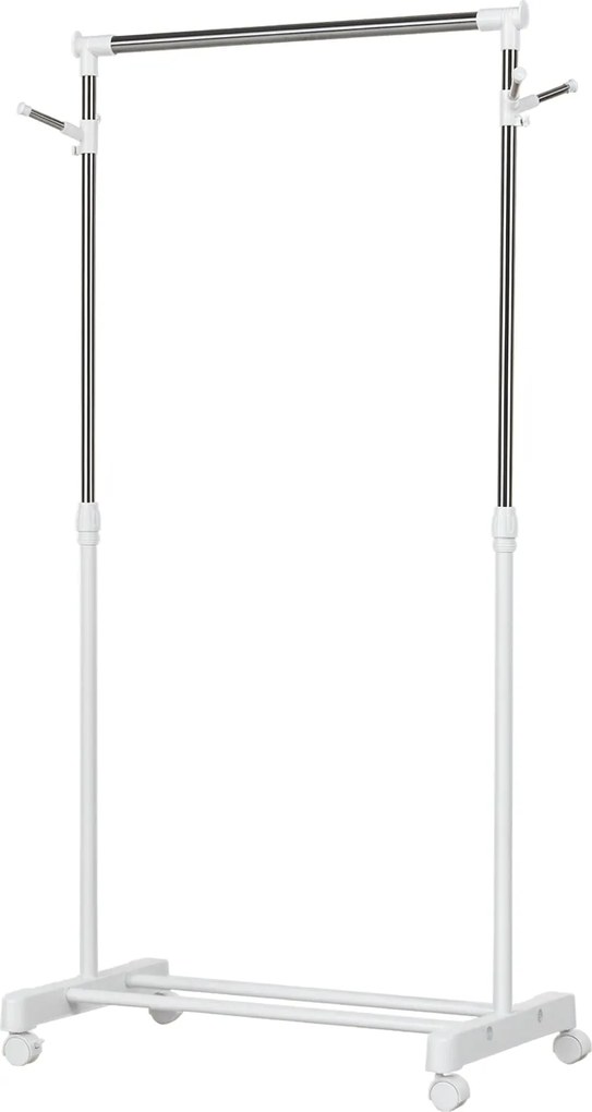HOMCOM Standard Ruhafogó Állítható Magasságú Rúddal és Alsó Polccal Kerekeken Rozsdamentes Acél Cső 68.5x42x87-145 cm Fehér Ezüst | Aosom