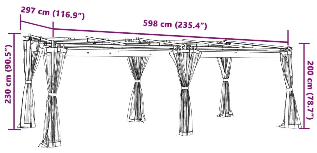 tópszínű acél pavilon hálós oldalakkal 6 x 3 m
