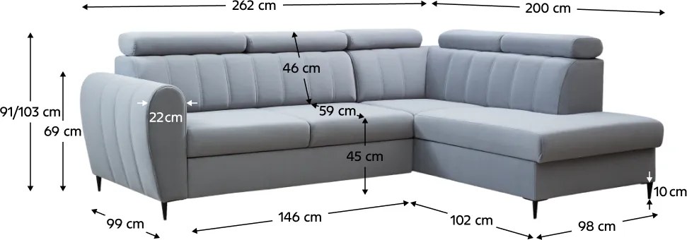 Kinyitható ülőgarnitúra, világosszürke, jobbos, KORIO L