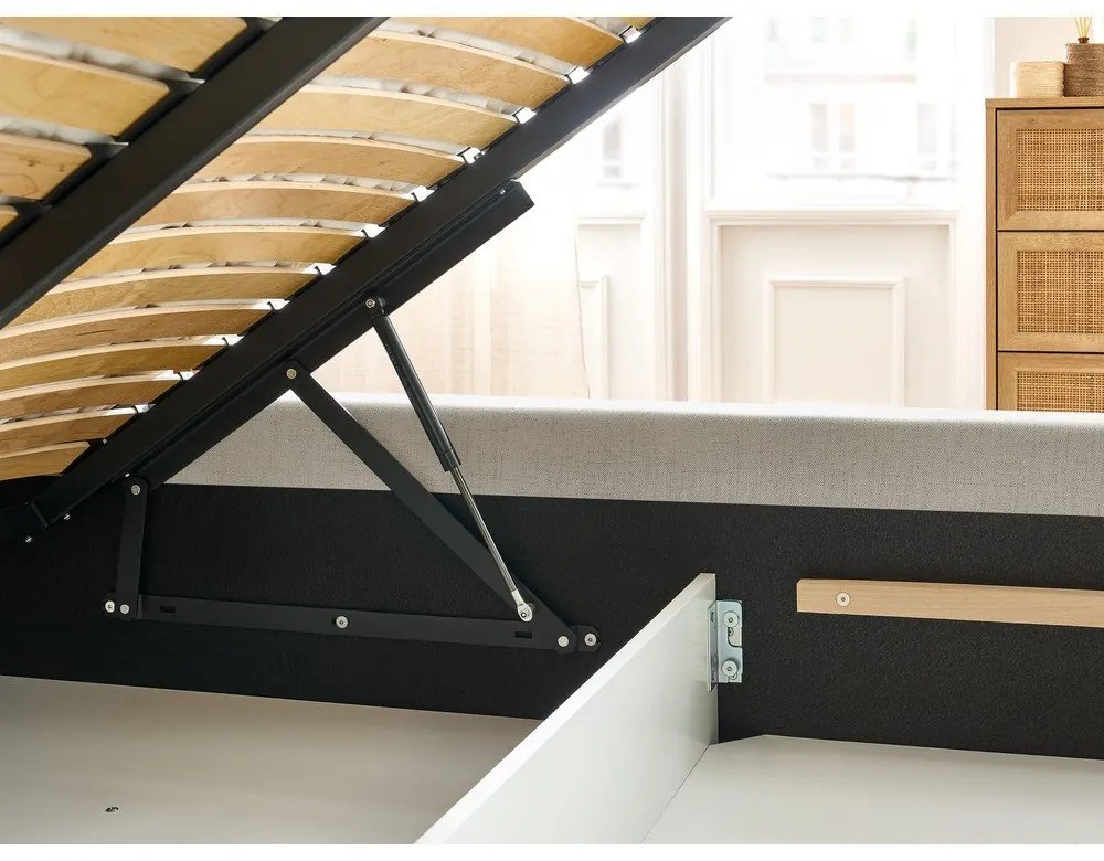 Bézs kárpitozott franciaágy tárolóhellyel, ágyráccsal 160x200 cm Jagna – Bobochic Paris