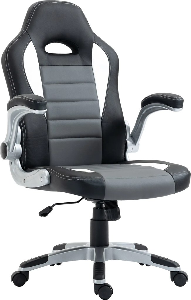 HOMCOM Irodai Szék – Állítható Forgószék Összecsukható Kartámlával, 5 Kerekével és Ringató Funkcióval, Terhelhetőség: 120 kg, 65x69x112-122 cm, Szürke