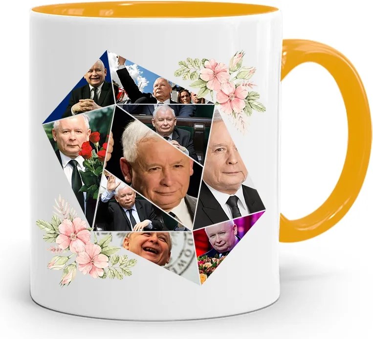 Sárga Vicces Bögre Jaroslaw Kaczynski felirattal, fényképpel