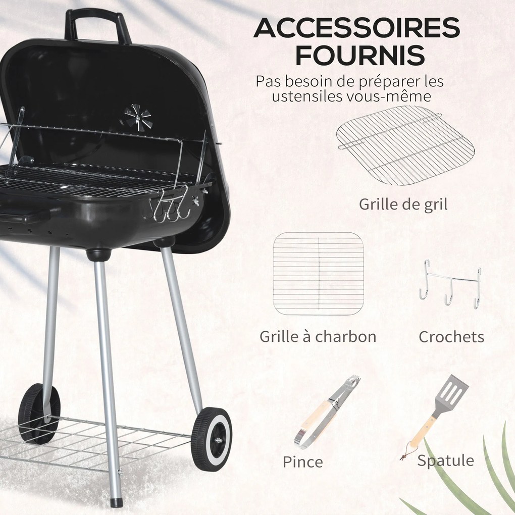 Outsunny Széngrilles BBQ Grill 2 kerekével, eszközökkel, fedéllel és polccal - 56L x 62W x 82H cm - fekete zománcozott fém | Aosom