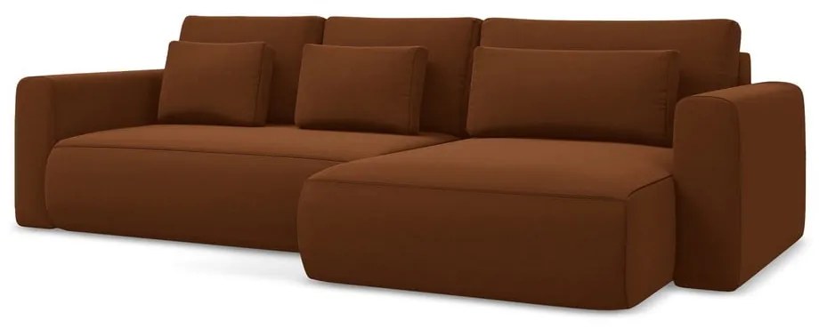 Terrakotta színű bársony kinyitható-tárolóhelyes sarokkanapé (jobb oldali-heverő résszel) Kapua – Makamii