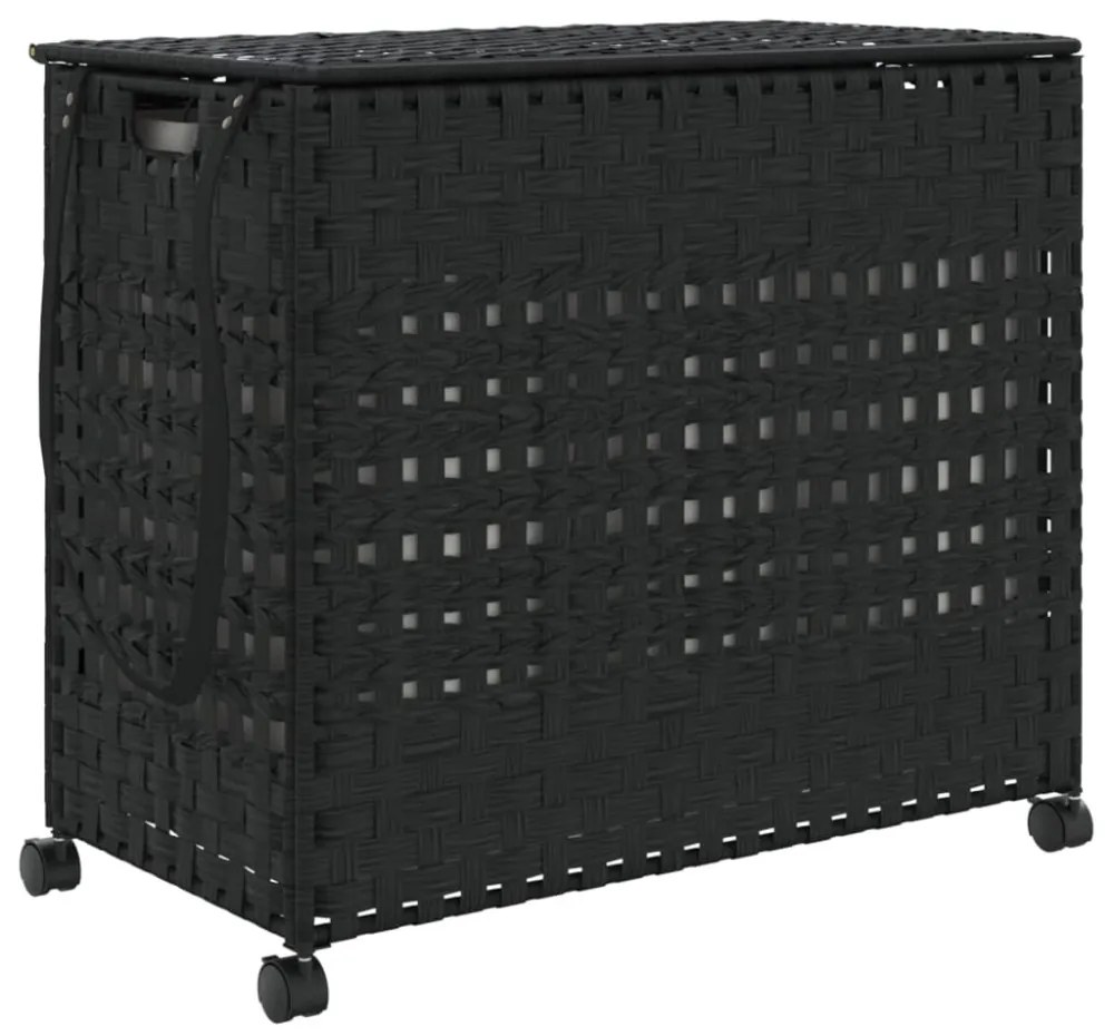 fekete rattan szennyeskosár kerekekkel 66x35x60 cm