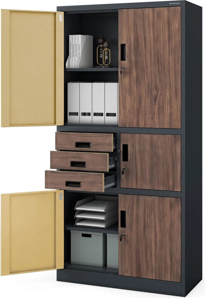 Fém irodai szekrény széffel, antracit, dió, 900x1850x400 mm: FILIP II Eco Design