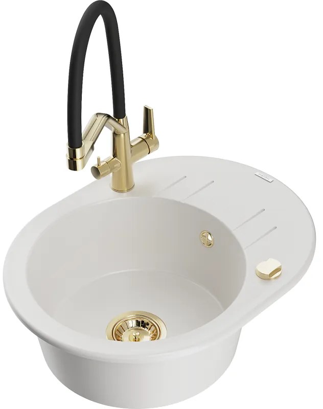 Mexen Kevin egytálcás gránit mosogató Duo konyhai csapteleppel, fehér - 6517-20-671701-57-G