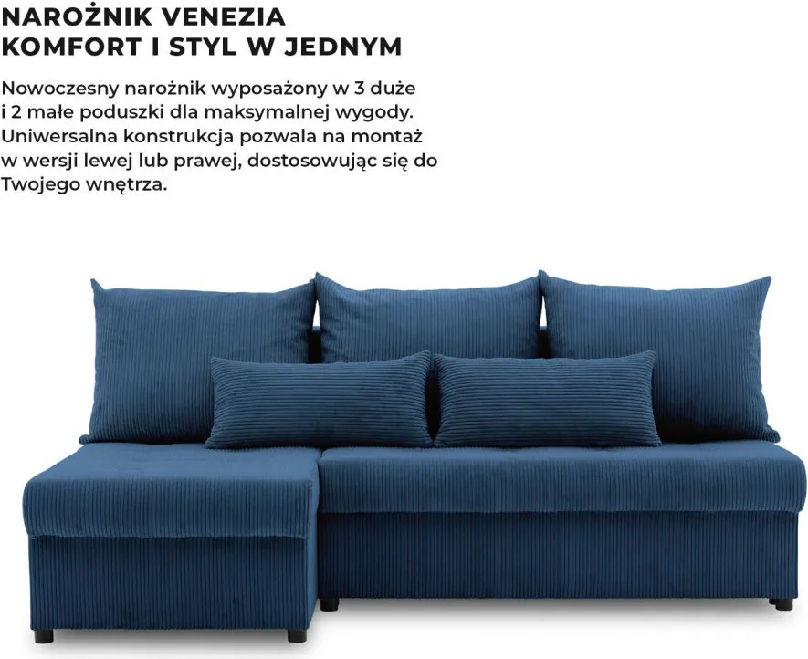 Venezia sarokkanapé, kordbársony, univerzális oldal, hab töltet, kék