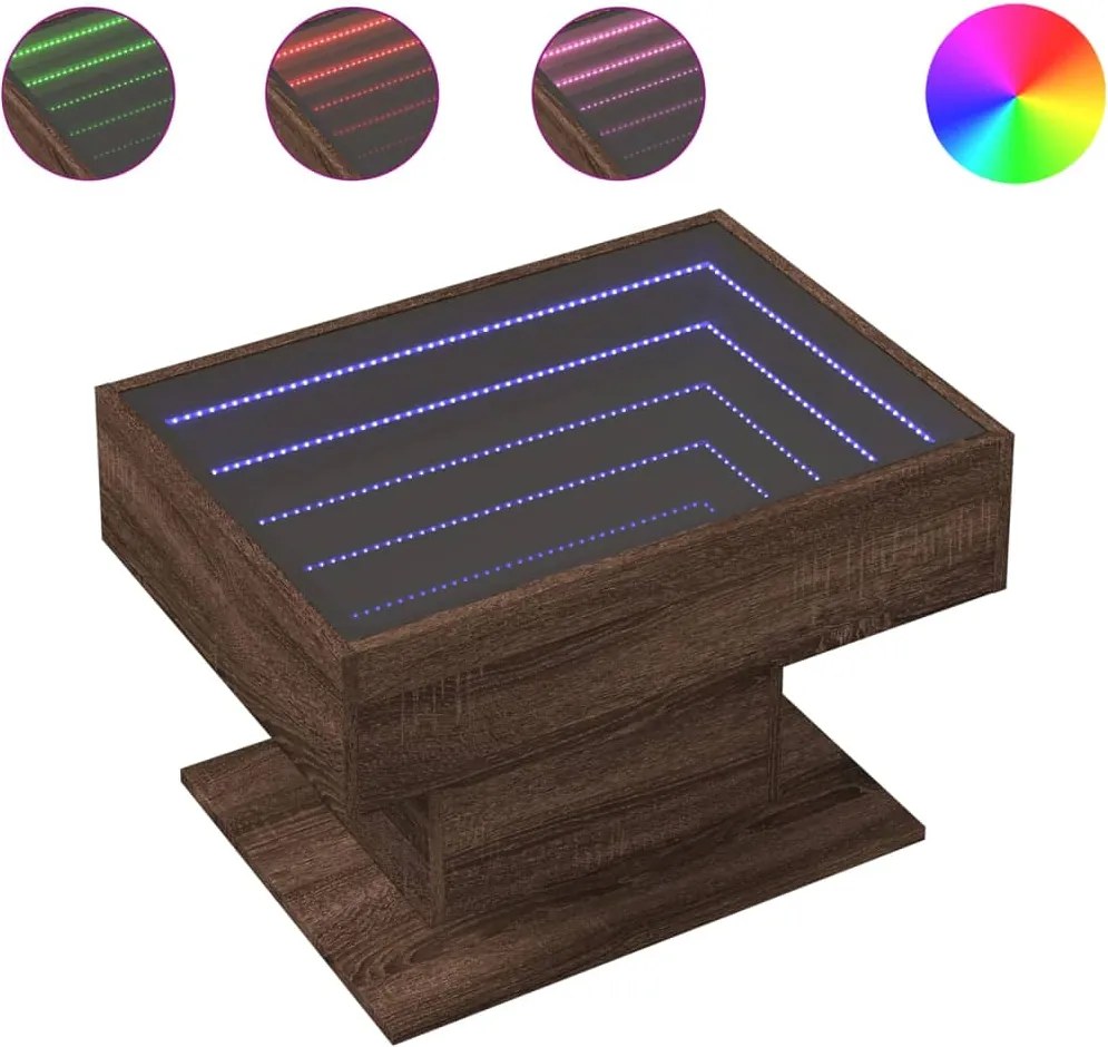 vidaXL barna tölgy szerelt fa dohányzóasztal LED-del 70 x 50 x 45 cm