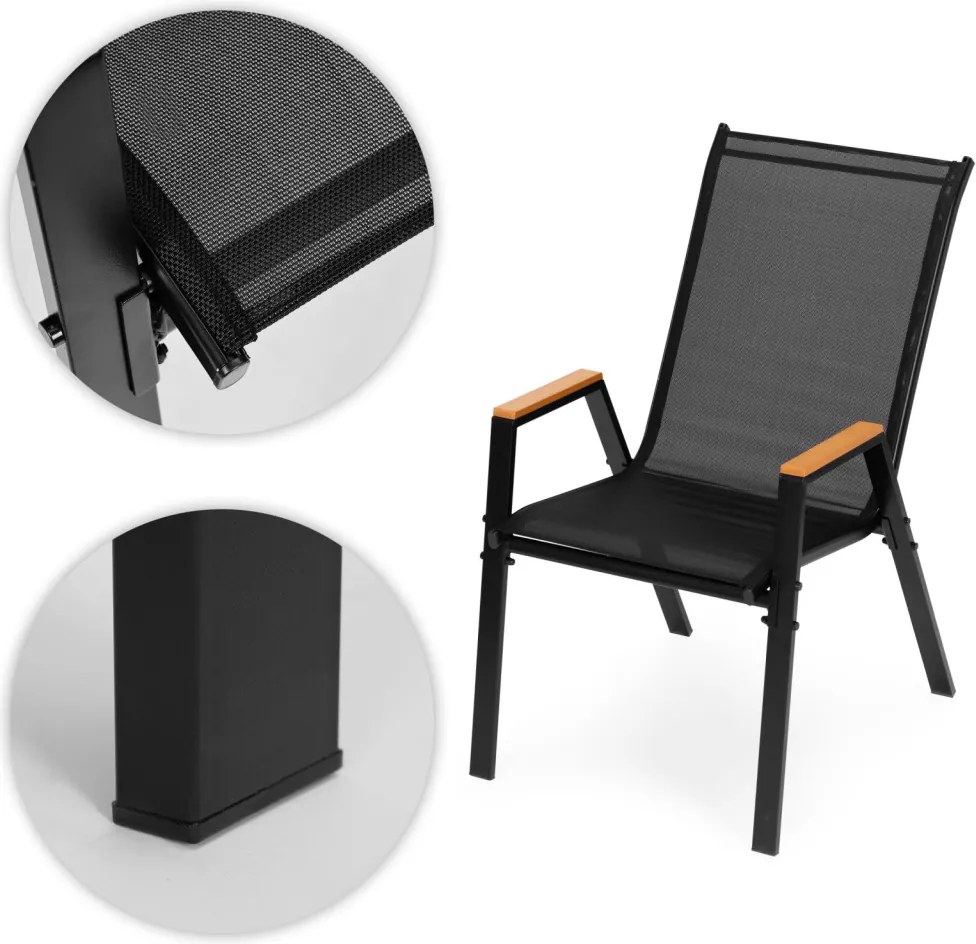 Kerti szék, MultiGarden SC-092W-4-1, fekete, 72 x 55 x 92 cm, acél keret, textil, egymásba rakható, karfás, csúszásgátló lábak, 120 kg teherbírás, 4 db-os szett