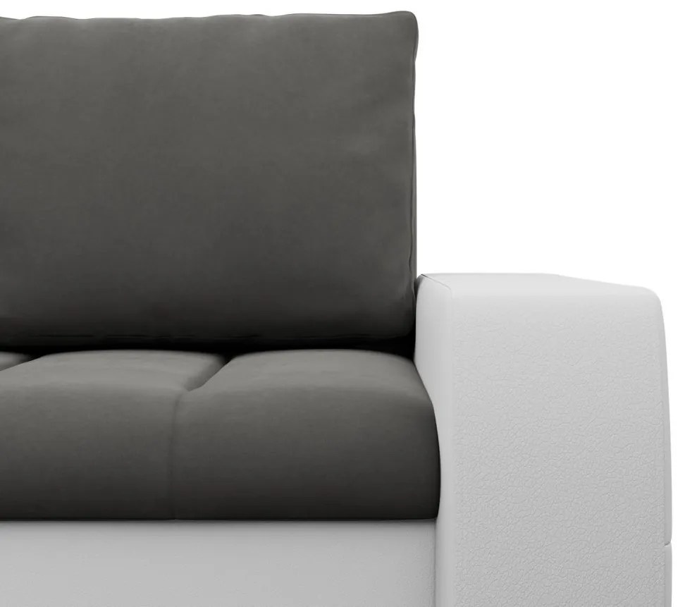 Toronto sarokkanapé, 2 ágyneműtartóval, bársony + műbőr, jobboldali, szürke - fehér