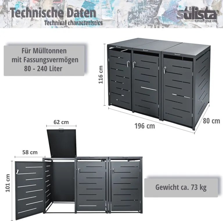 STILISTA Szekrény 3 szemeteshez 196 x 80 x 116 cm antracit