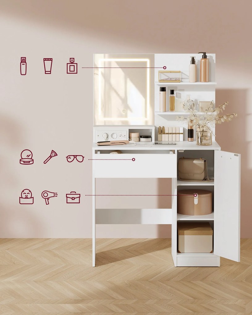 Fésülködőasztal LED-es tükörrel és elosztóval, fehér