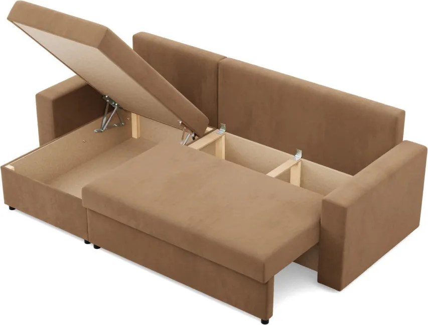 Zeus sarokkanapé, 2 ágyneműtartóval, egyenes kartámasz, szövet anyag, univerzális oldal, hab töltet, barna