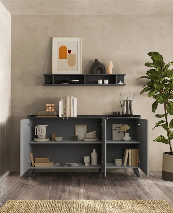 TRAY Szürke - Ólom Komód 3 ajtós 181 cm