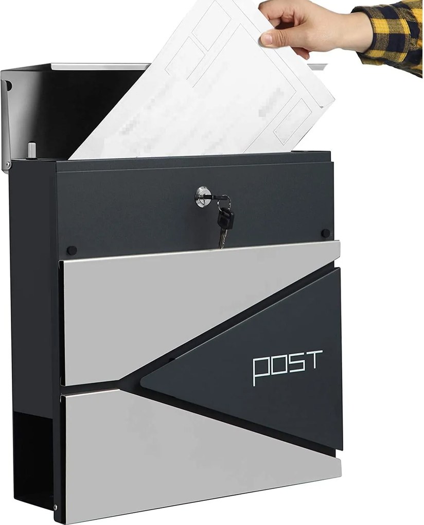 Modern postaláda újságtartóval 10,5x37x37 cm, antracit és ezüst
