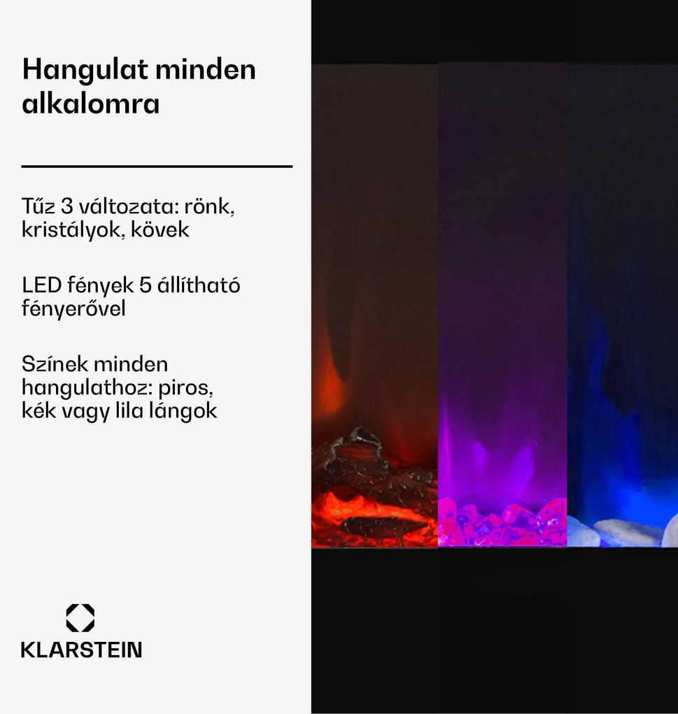 Klarstein Galeras, elektromos fali és beépített kandalló, 1800 W, LED, 3 szín, időzítő