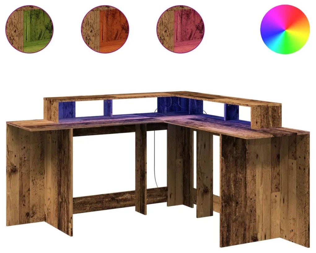 antik fa színű szerelt fa íróasztal LED-ekkel 152 x 152 x 91 cm