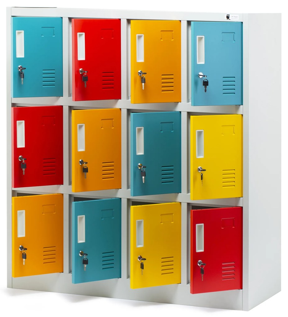 Fém öltözőszekrény, 12 rekeszes OLA, 1090 x 1200 x 450 mm, szürke-többszínű