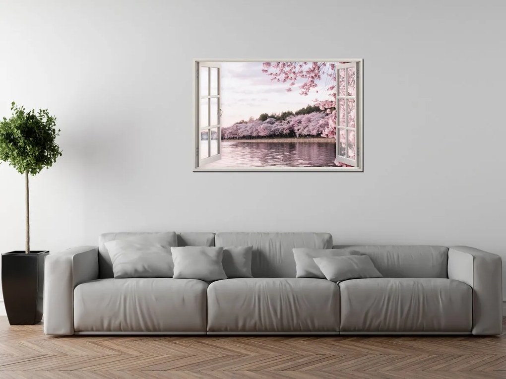 Gario Vászonkép Nyitott ablak Rózsaszín természet Méret: 90 x 60 cm