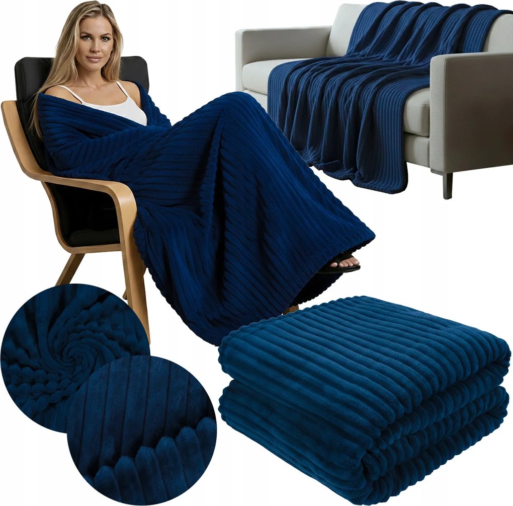 Ágytakaró Takaró Puha 200x220 Dombornyomott Csíkos Mikroszálas Sötétkék