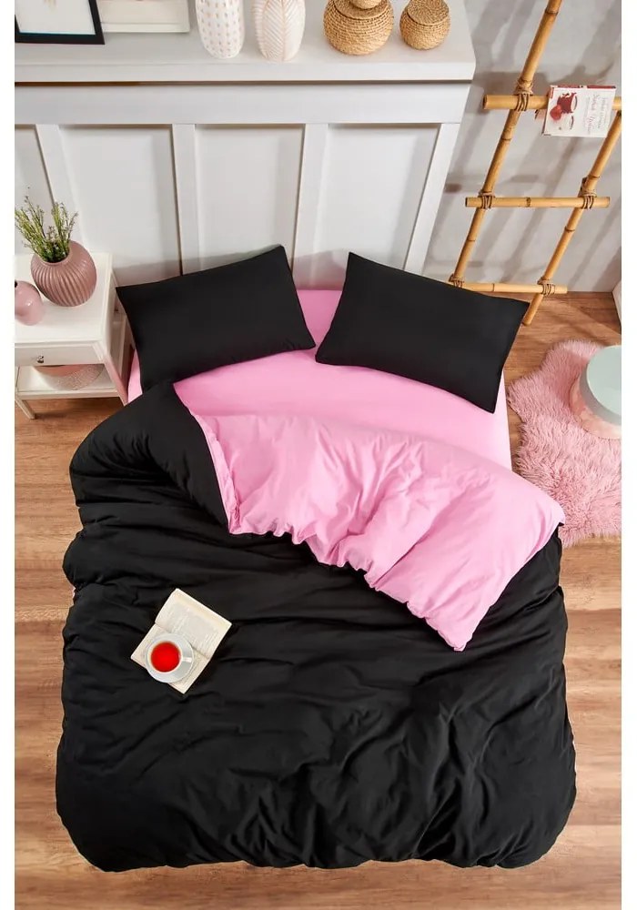 Fekete-rózsaszín háromrészes egyszemélyes hosszabbított ágyneműhuzat lepedővel 160x220 cm Classic – Mila Home