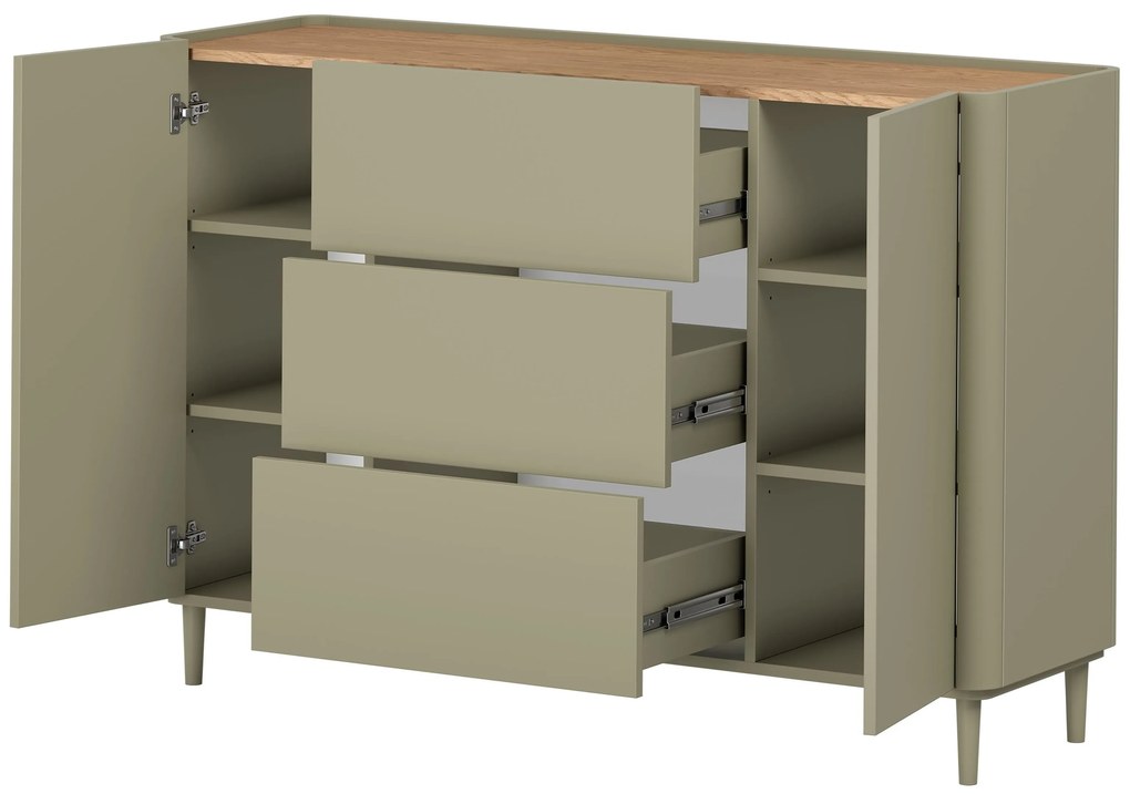Elivo komód 150 cm fiókokkal, fém lábakon - eukaliptusz / baltic dune tölgy