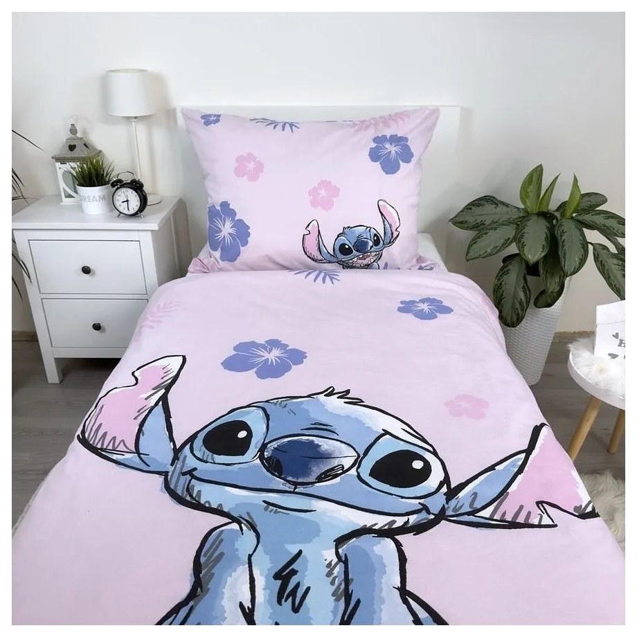 Világos rózsaszín egyszemélyes pamut gyerek ágyneműhuzat 140x200 cm Lilo & Stitch "Pink" – Jerry Fabrics
