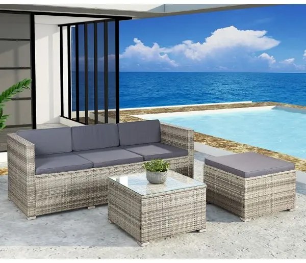 Juskys Punta Cana M kerti rattan szett - szürke/antracit párnák