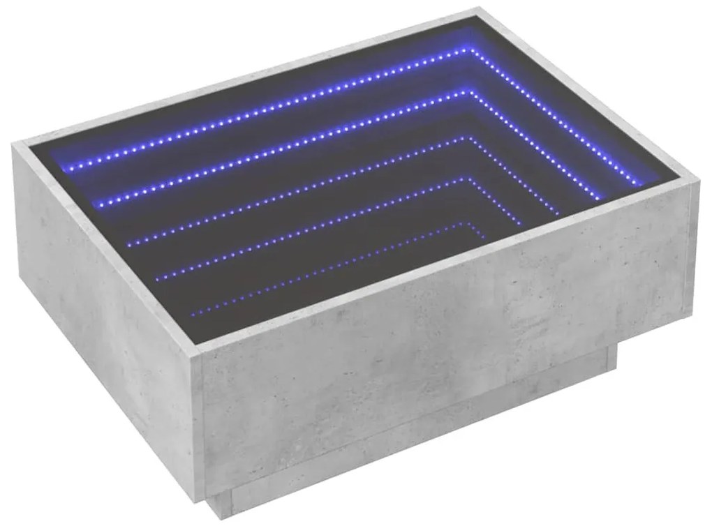 Betonszürke szerelt fa dohányzóasztal LED-del 70 x 50 x 30 cm