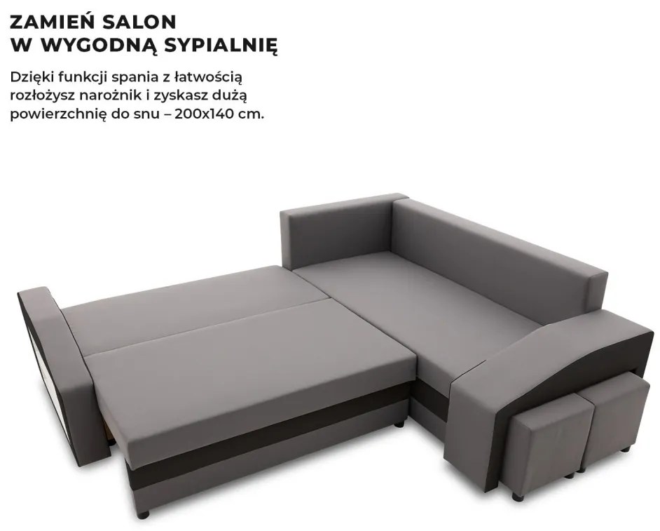 Grande sarokkanapé polcokkal és puffokkal , polc a bal karfaban puffok a jobb karfaban, jobboldali, szövet anyag, hab töltet, szürke - fekete