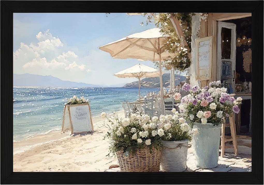 Poszter Keret Fa Tájkép Nyár Tenger Tengerpart Bár Kávézó Nap 60x40