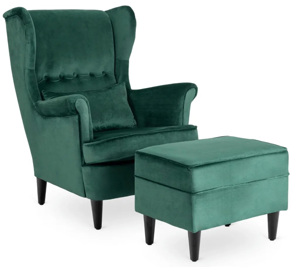 Elegáns Füles Fotel Lábtartóval Zöld Bársony Kárpittal. EVAN 2