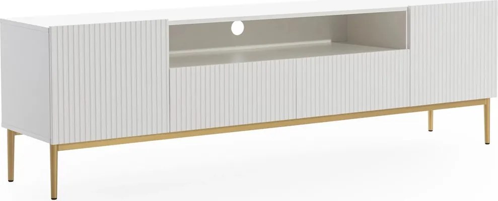 Nicole TV-szekrény 200 cm nyitott polccal és fiókokkal - matt fehér / arany lábak