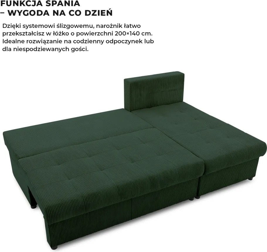 Venezia sarokkanapé, kordbársony, univerzális oldal, bonell töltet, zöld