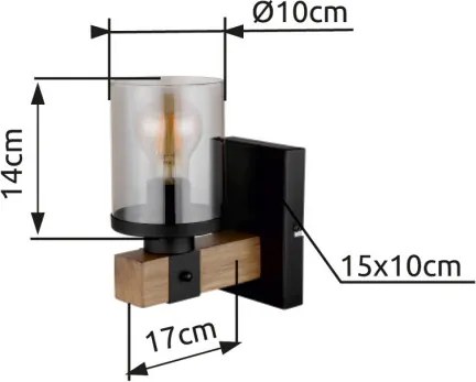 Globo 15555W Fali lámpa fém matt fekete, fa sötétbarna, füstszínű üveg, fény iránya: felfelé, SZxM: 100x225mm, Mélység: 170mm, nem tartozék: 1x E27 60W 230V