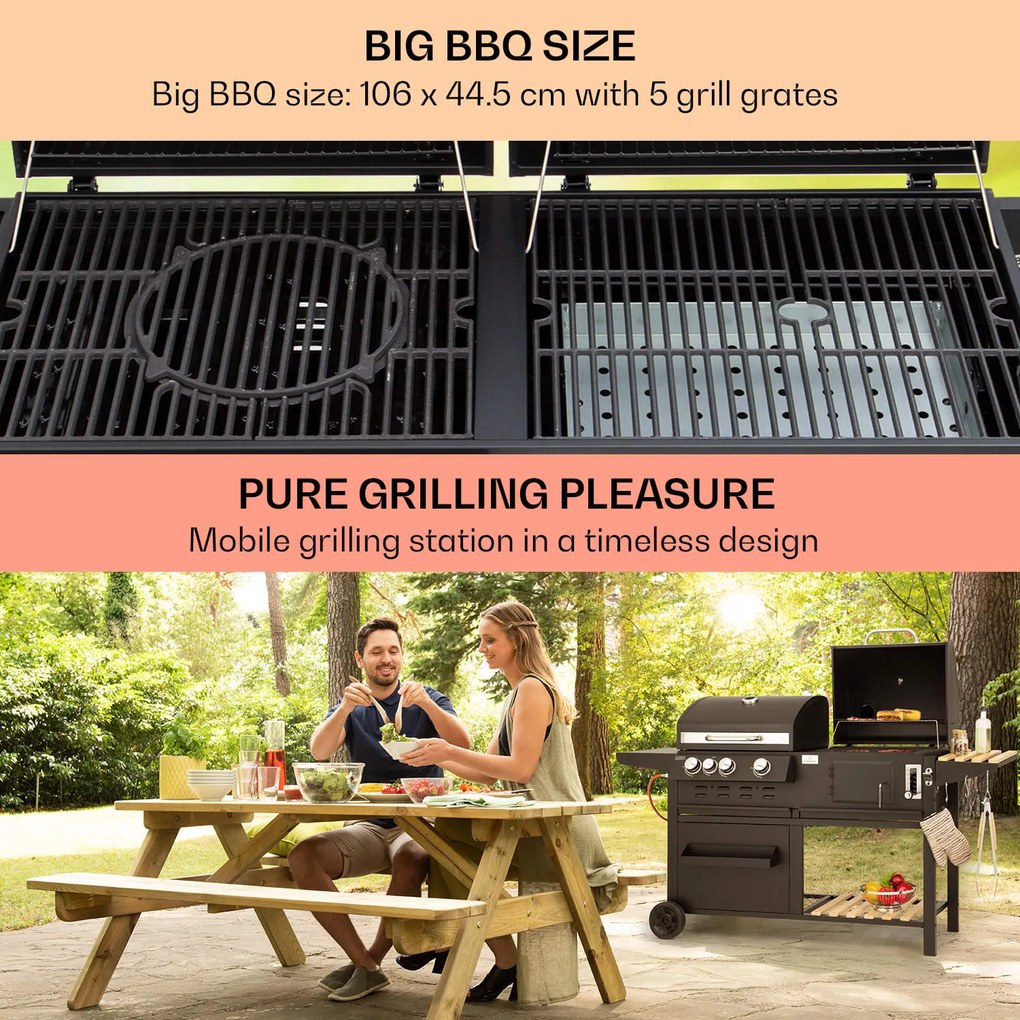 Aberdeen, kombinált grill, gáz, faszén, füstölő, hőmérő, 2 kiegészítő asztal, mobil