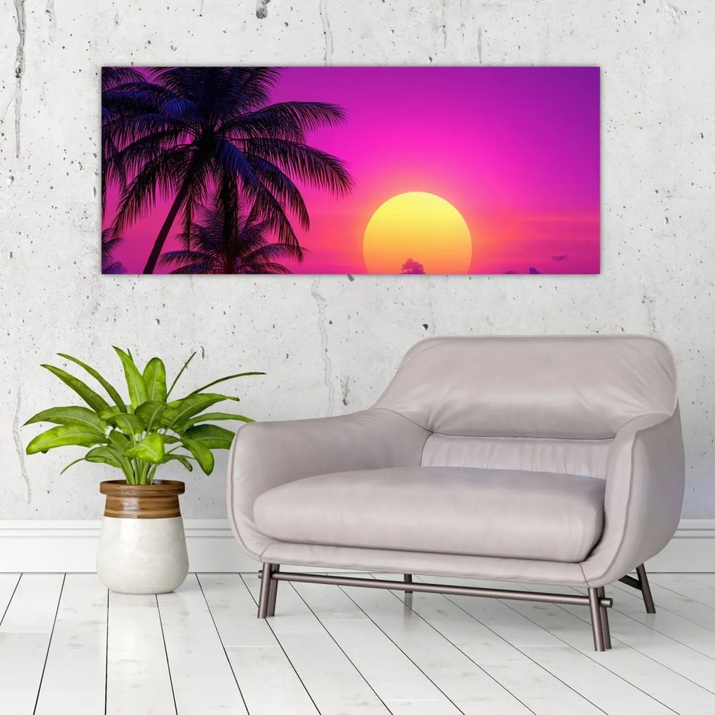 Kép - Lila naplemente pálmafával (120x50 cm)