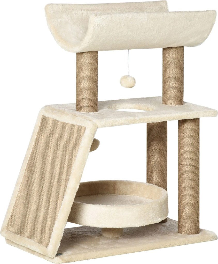 PawHut Macska Torony 76 cm - 2 Játék Gömbbel, Zsineg Tartókkal, Ággyal, Kaparó Lappal, Többszintes Kaparófa Közepes Macskák Számára, Világos Barna | A
