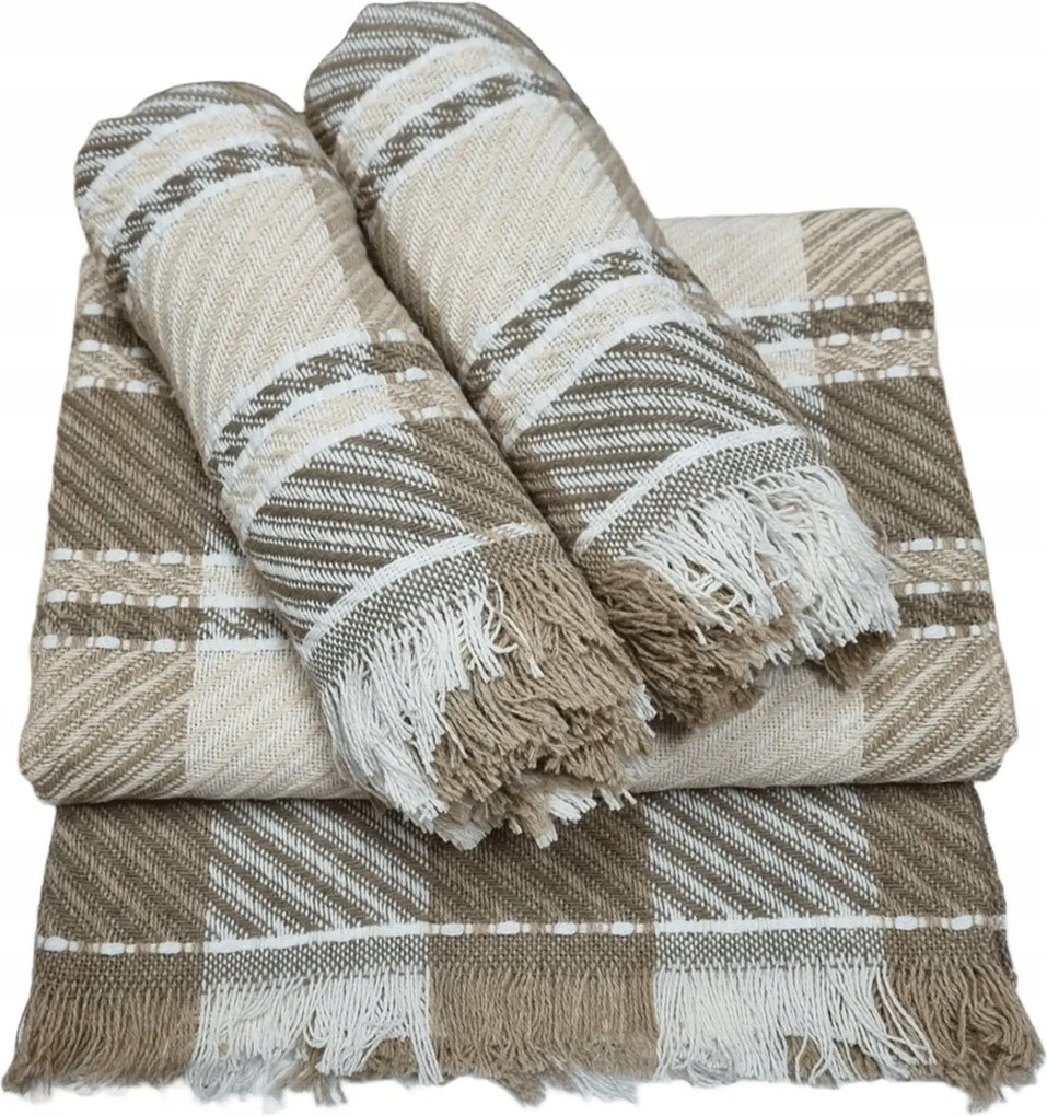 Dekoratív ágytakaró szett 170x205 2x 60x170 bézs krémszínű fehér kockás