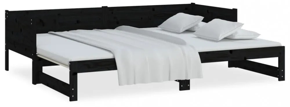 fekete tömör fenyőfa kihúzható kanapéágy 2x(80x200) cm