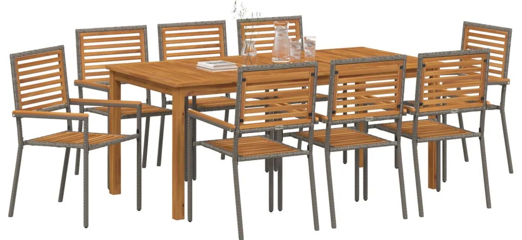9 darabos Kert Étkezőszett Szürke Poli Rattan Akác, Egymásra rakható Kert Székek Párnákkal 2 db Szürke Poli Rattan