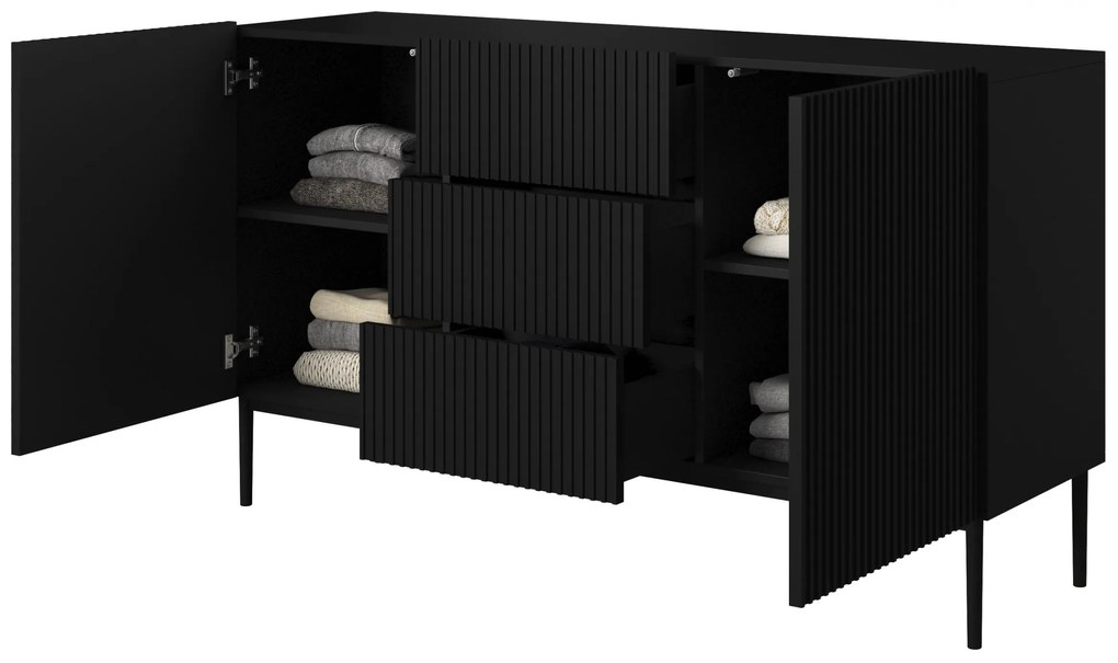 Nicole komód 150 cm fiókokkal és polcokkal - matt fekete / fekete lábak
