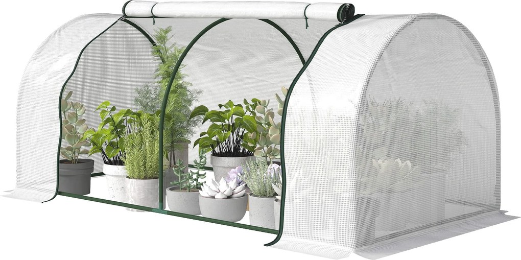Outsunny megerősített PE-fóliasátor, télálló acél alagút erkélyre és kertbe, paradicsomfólia 200 x 100 x 80 cm — fehér | Aosom