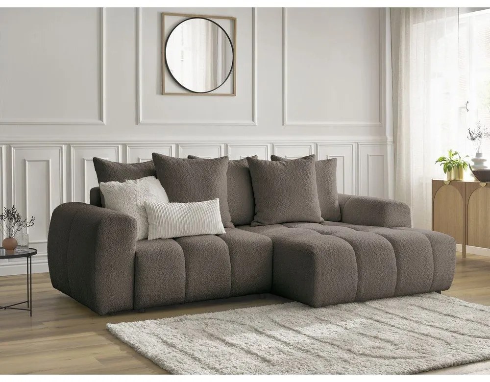 Barna buklé kinyitható-tárolóhelyes sarokkanapé (jobb oldali-heverő résszel) Roxelane – Bobochic Paris