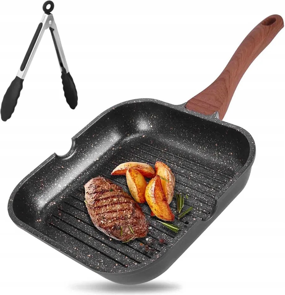 Bbq grill serpenyő, steak, sütés, szögletes, bordázott, 28 cm