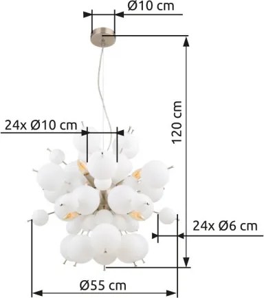 Globo 15633HO Függeszték fém nikkel matt, fehér színű üveggömbök, fekete PVC kábel, ø: 550mm, M: 1200mm, üveggömbök átmérője: 24 x 6 cm, 24 x 10 cm, 6x E14 25W 230V izzók nélkül