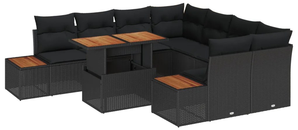 9 darabos kert kanapé szett párnákkal Fekete Poly Rattan