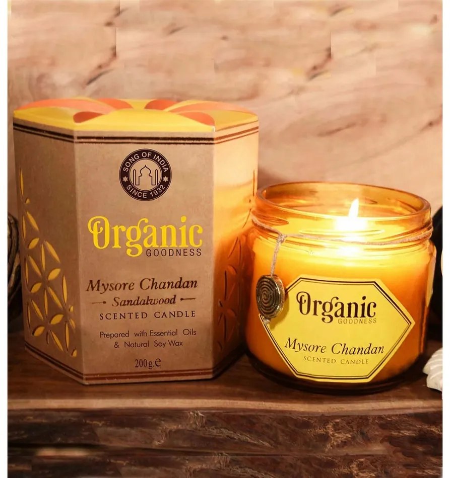 Mysore Chandan - Sandalwood 200 g organikusgyertya borostyánszínű üvegben